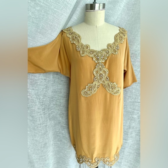 Luxury Silk Mini Tunic Dress with Crystals and gold embroidery , Handmade S-M - Picture 14 of 17